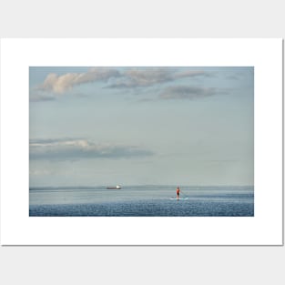 Paddleboarder and shipping traffic at Whiting Bay, Isle of Arran Posters and Art